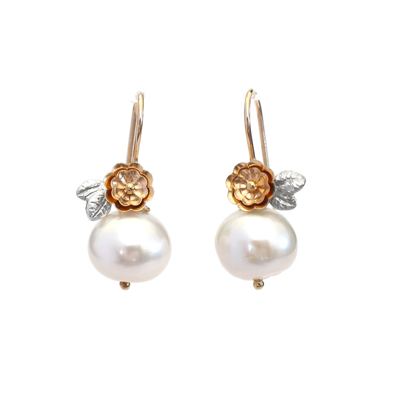 cream edison pearls pearl gold flower silver leaves earrings lilygriffin nz