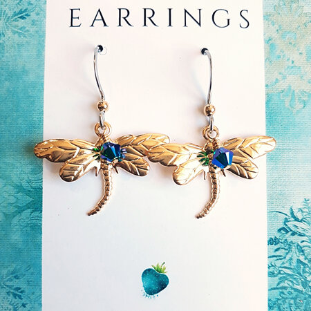 CRESSIDA  -  Gold & Blue/Green Dragonfly Earrings