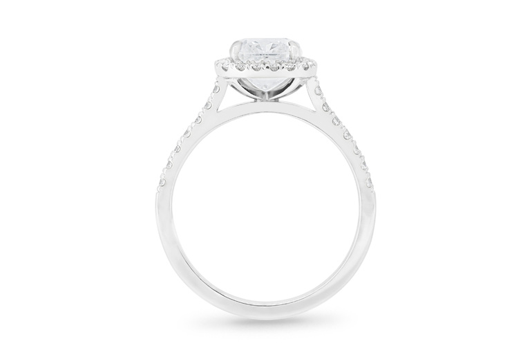 Cushion cut diamond halo cluster engagement ring in platinum 18ct white gold