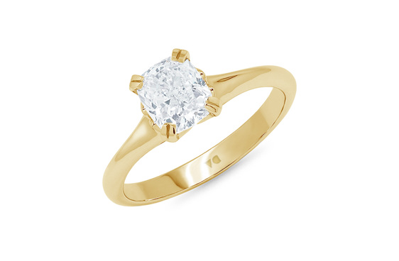 Cushion cut diamond solitaire ring design with decorative basket yellow gold