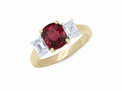 Cushion cut ruby internally flawless emerald cut diamonds 18ct yellow gold ring