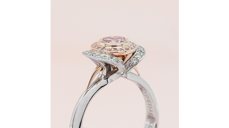 Custom two tone white rose gold argyle pink diamond double halo ring