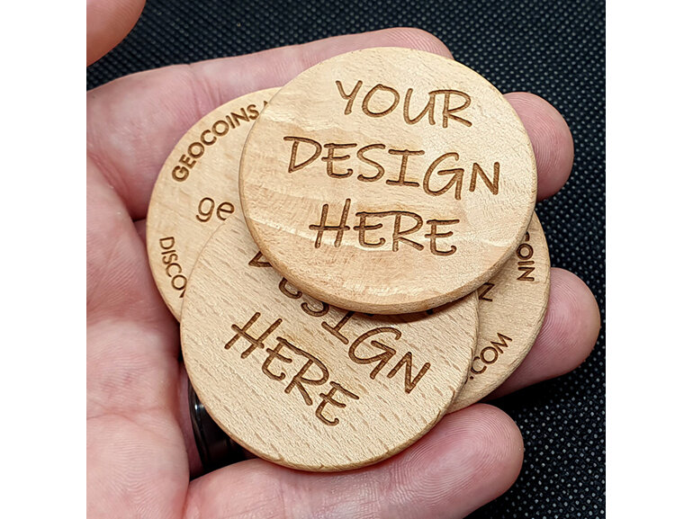 custom wooden discover geocoin, custom design wood coin, made in new zealand