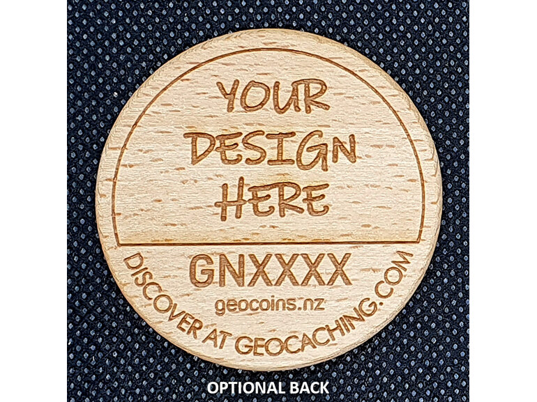 custom wooden discover geocoin, custom design wood coin, made in new zealand