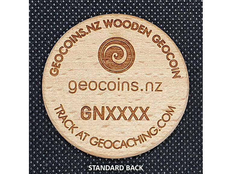 custom wooden fully trackable geocoin, custom design wood coin, made in nz