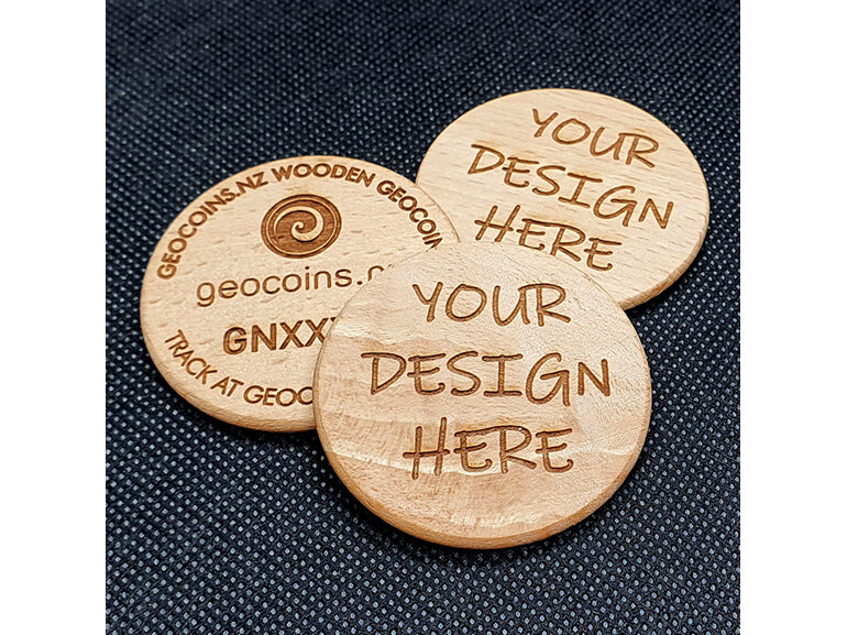 custom wooden fully trackable geocoin, custom design wood coin, made in nz