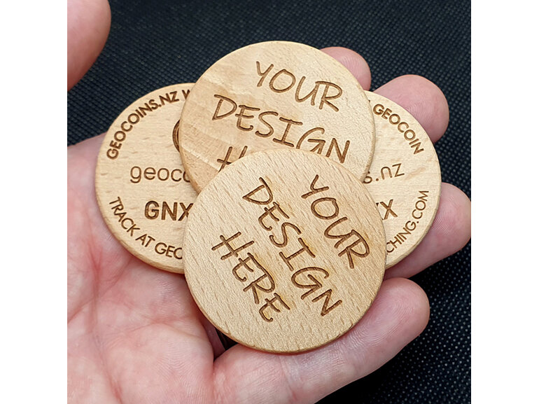 custom wooden fully trackable geocoin, custom design wood coin, made in nz