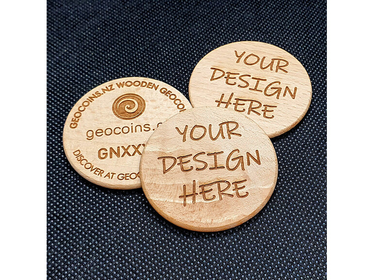 custom wooden geocoin, custom design wood coin, made in new zealand