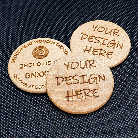 custom wooden geocoin, custom design wood coin, made in new zealand