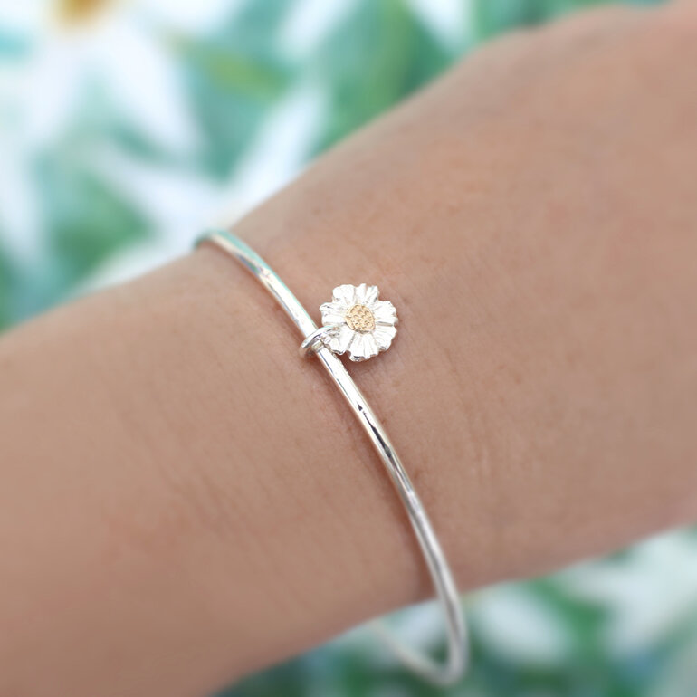 Daisy flower bangle nature sterling silver solid 10k gold lilygriffin nz jewelry