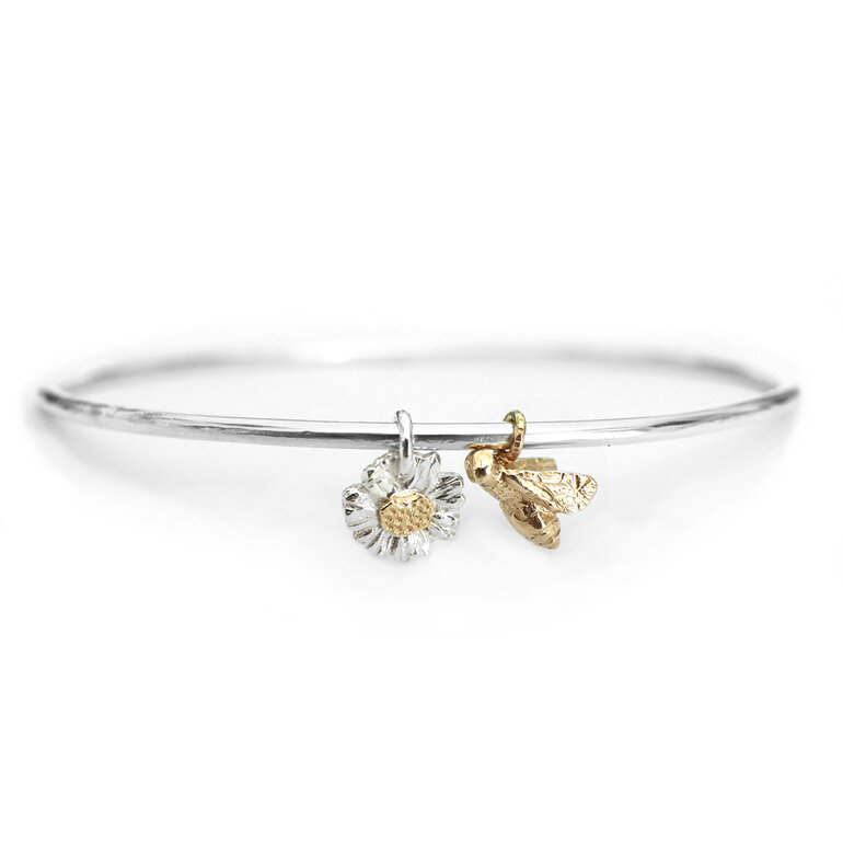 Daisy flower bee bangle solid 9k gold sterling silver lilygriffin nz jewellery