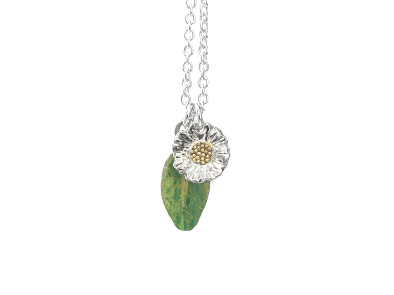 daisy flower leaf sterling silver solid 10k gold green pendant necklace nz