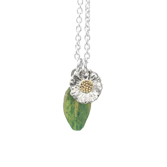 daisy flower leaf sterling silver solid 10k gold green pendant necklace nz