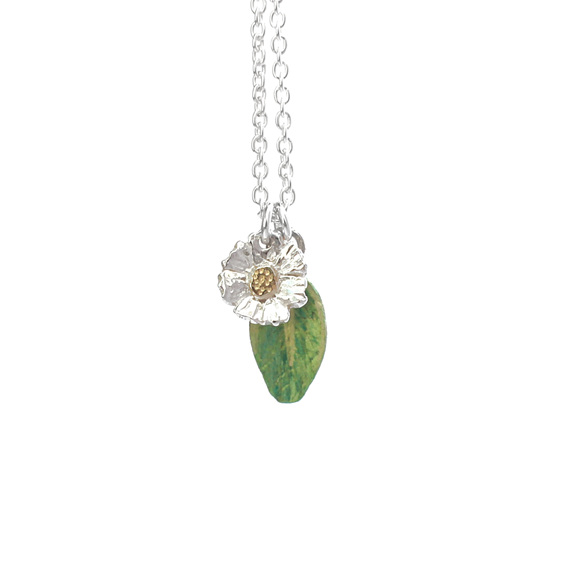 daisy flower leaf sterling silver solid 10k gold green pendant necklace nz