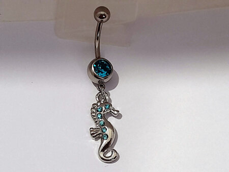 Dangly Seahorse With Blue Rhinestones Banana Bar Navel Piercing