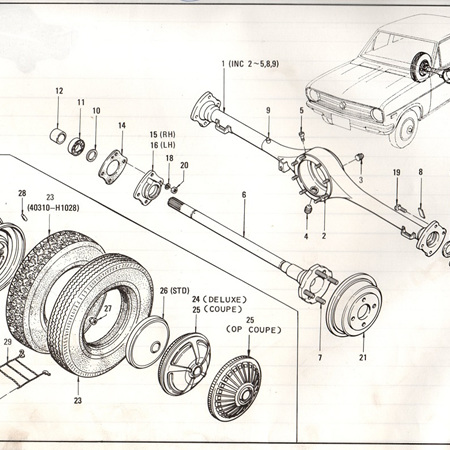Datsun B110 1200 - Rear Axle, Road Wheel and Tire