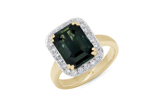 deep green sapphire and diamond halo ring in 18ct yellow gold and platinum