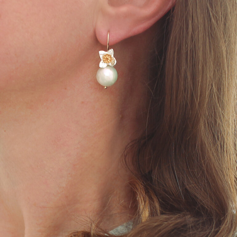 Della daffodil spring silver gold pearls earrings lilygriffin nz jewellery