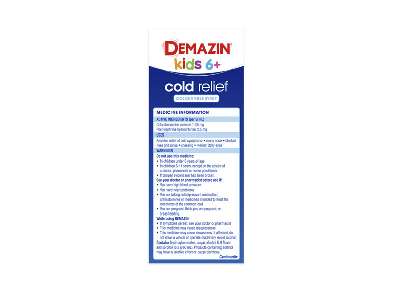 DEMAZIN Syrup Blue 200ml vanilla peach colds 6 years and up