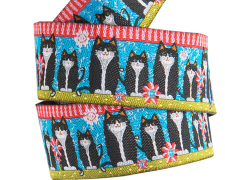 Designer Ribbon - Black Tuxedo Cats on blue