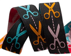 Designer Ribbon - Multi Colour Scissors on black