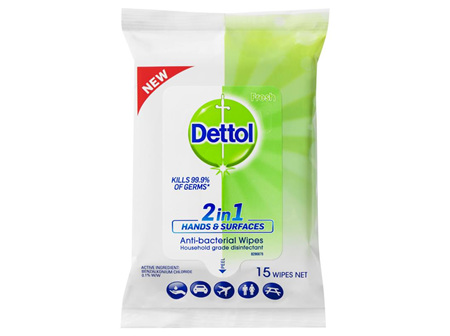 Dettol 2 in 1 Antibacterial Wipes 15pk