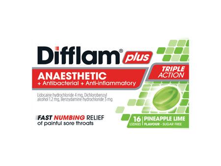 Difflam Plus Anaesthetic Pineapple Lime Flavour 16 Lozenges