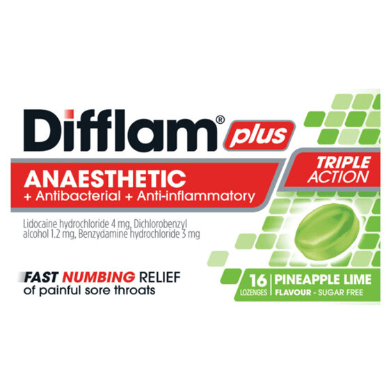 Difflam Plus Anaesthetic Pineapple Lime Flavour 16 Lozenges