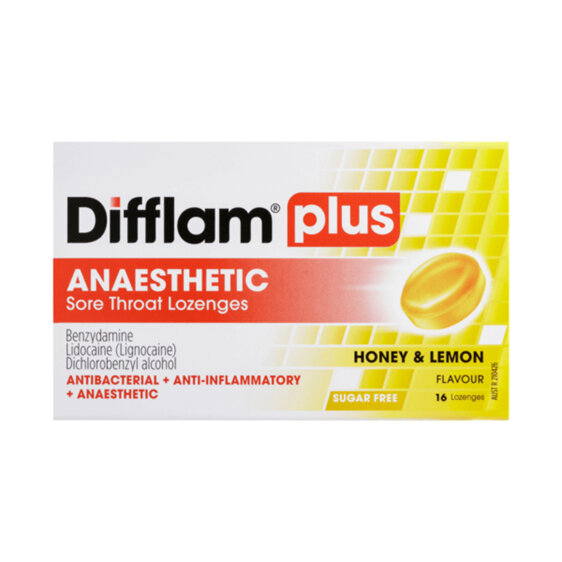 Difflam plus anaesthetic sore throat lozenge honey lemon 16