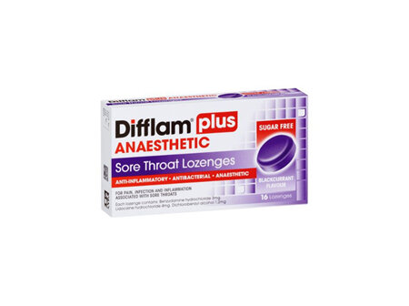 Difflam Plus Anaesthetic Sore Throat Lozenges, Blackcurrant, 16s