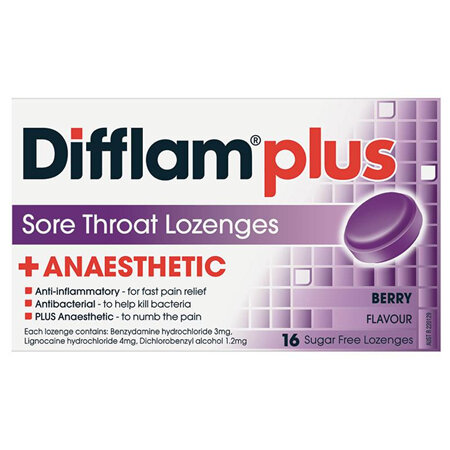 Difflam Plus Sore Throat Lozenges, Berry 16 Pack