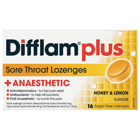 Difflam Plus Sore Throat Lozenges, Honey and Lemon 16 Pack