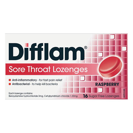 Difflam Sore Throat Lozenges, Raspberry 16 Pack