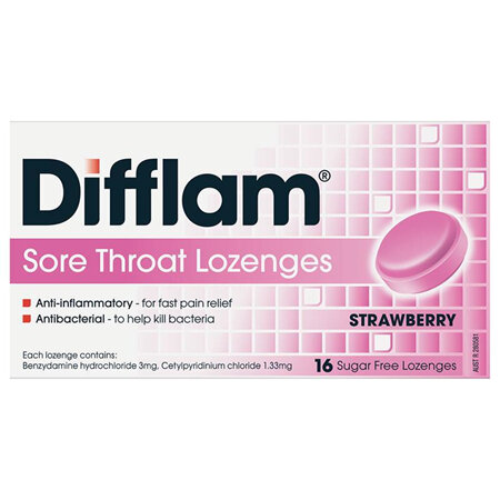 Difflam Sore Throat Lozenges, Strawberry 16 Pack