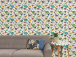 Dinosaur wallpaper bright with couch, table and plant