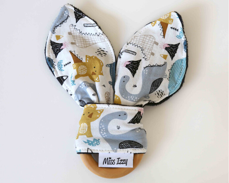 Dinosaurs, volcanos & palm trees bunny teether by Miss Izzy Minky handmade