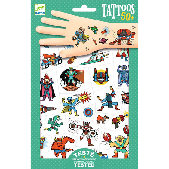 Djeco Tattoos Heroes vs Villains | Temporary, Dermatologically Tested Pack of 50