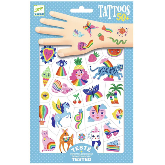 Djeco Tattoos Rainbow Temporary, Dermatologically Tested Pack of 50+