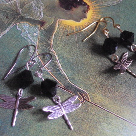 Dragonfly Czech jet glass bead earrings