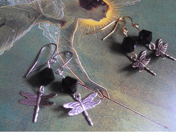 Dragonfly Czech jet glass bead earrings