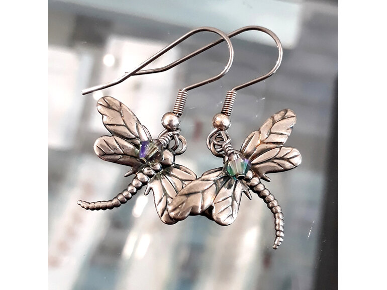 dragonfly earring darkened patina stainless steel swarovski crystal