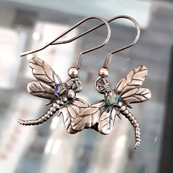 dragonfly earring darkened patina stainless steel swarovski crystal