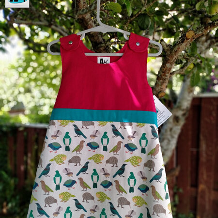 Dress - Red and NZ Birds on white with teal