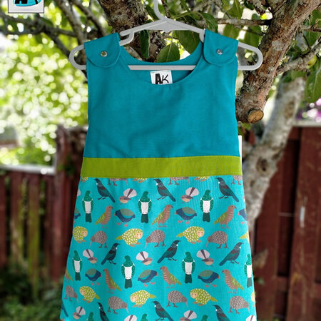Dress - Teal Blue and NZ Birds with Lime