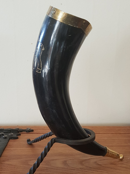 Drinking Horn Type 21 - Engraved Celtic Boar and Brass Fittings
