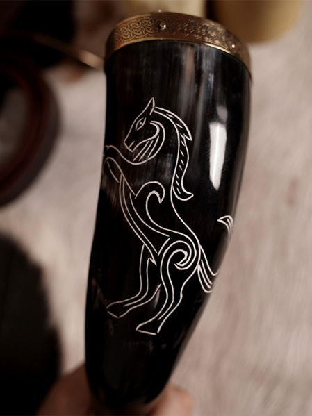 Drinking Horn Type 35 - Carved Horse design and Brass Fittings