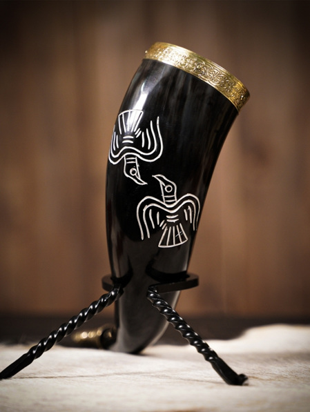 Drinking Horn Type 46 - Medium "Odins Ravens" Drinking Horn with Brass Fittings