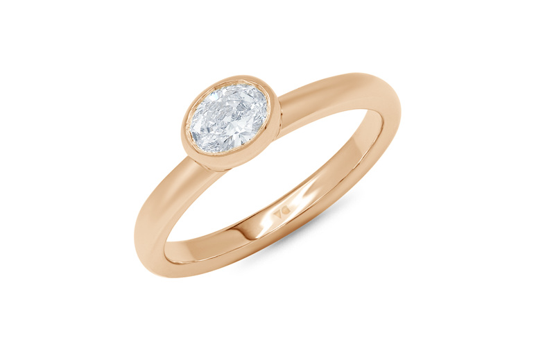 East-west bezel set oval cut diamond solitaire ring engagement dress rose gold