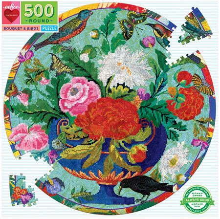 eeBoo 500 Piece Round Jigsaw Puzzle: Bouquet & Birds