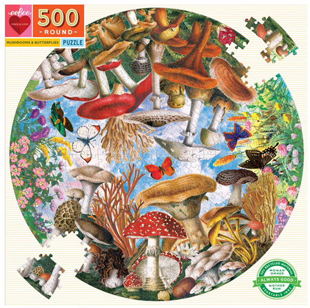 eeBoo 500 Piece Round Jigsaw Puzzle: Mushrooms & Butterflies